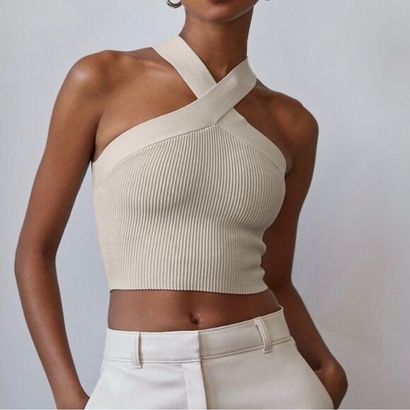 Babaton Aritzia Sculpt Ribbed Criss Cross Tank Cropped Tan Size XS - Picture 6 of 6